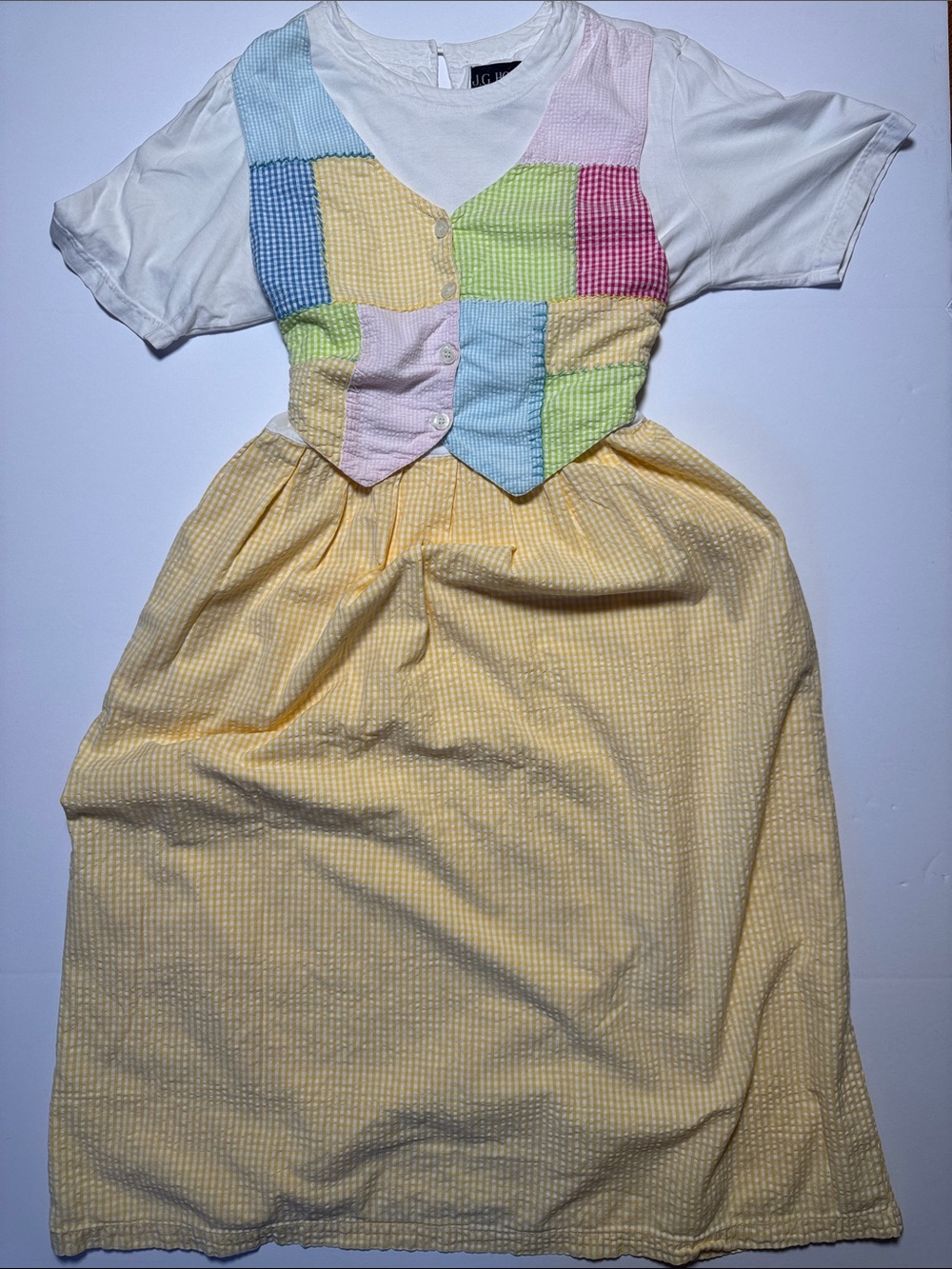 VINTAGE J.G. Hook Pastel Patchwork Faux Vest Yellow Skirt Seersucker Dress M